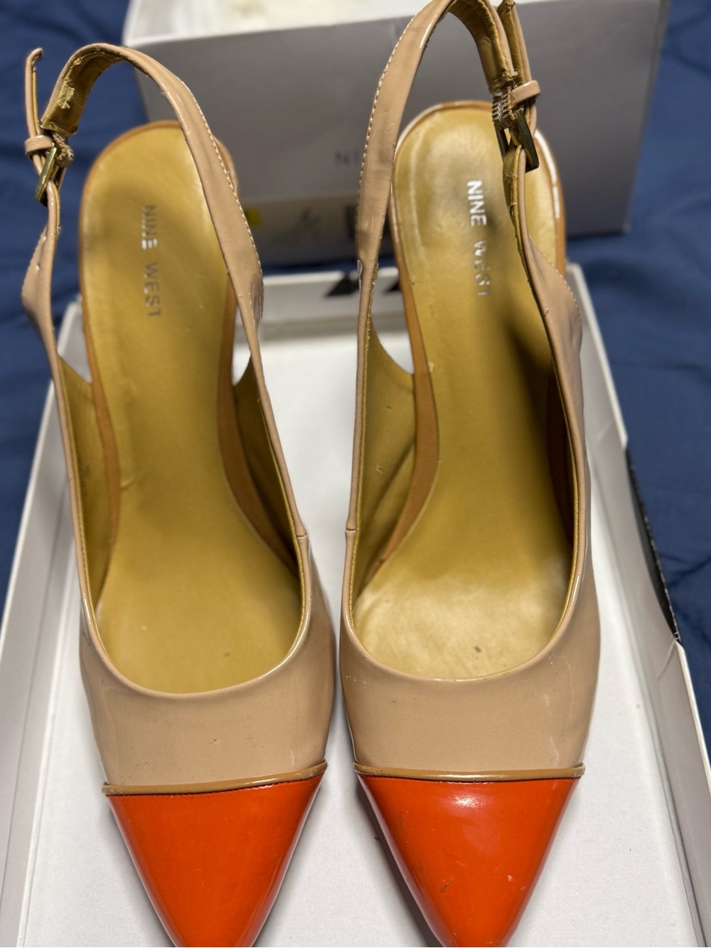 Nine West Nude and Orange Pointed Toe Slingback Pumps